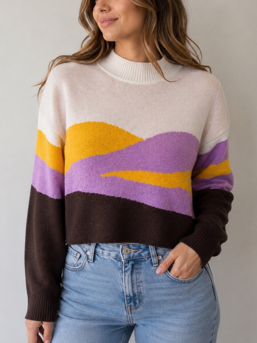 H&M Divided Sunset Mountain Knit Mock Neck Cropped Sweater Size Medium